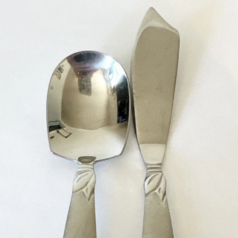 2 Pc Pfaltzgraff stainless 18/0 Laurel Frosted handle Butter Knife & Sugar Spoon